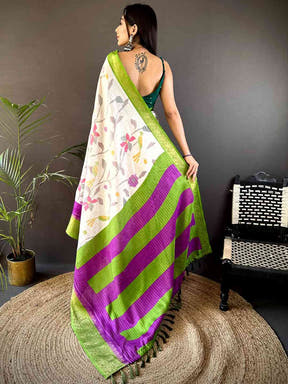 Green Dola Silk Bird Print Saree
