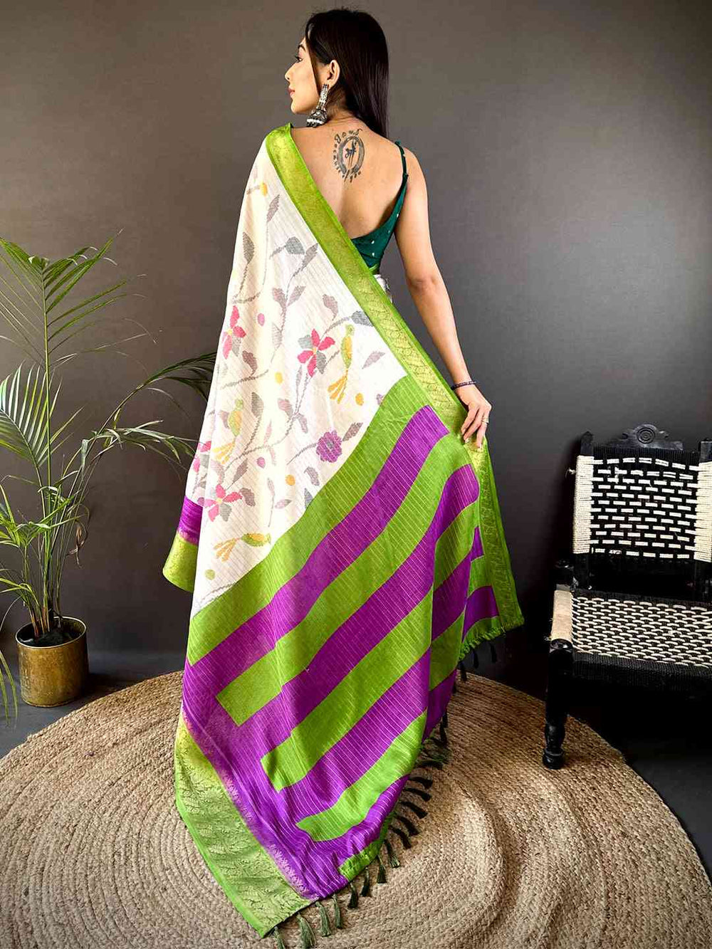 Green Dola Silk Bird Print Saree