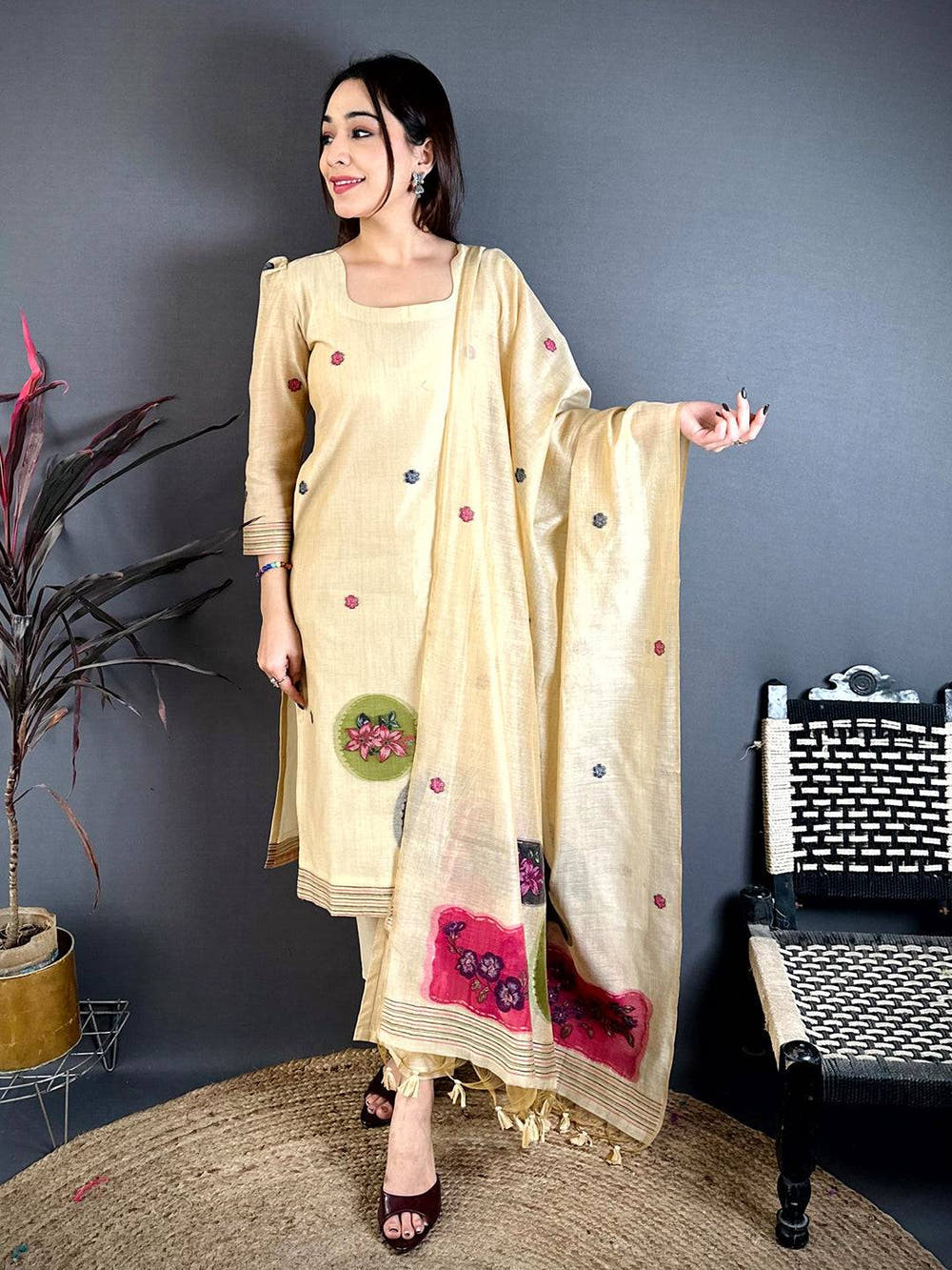Opulent Beige Floral Cotton Dress