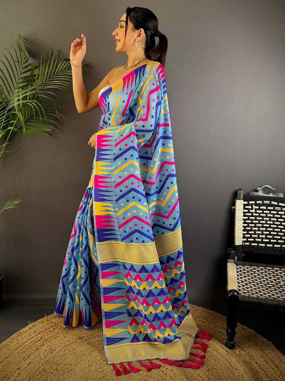 Royal Sky Blue Dhakai Cotton Jamdani Saree