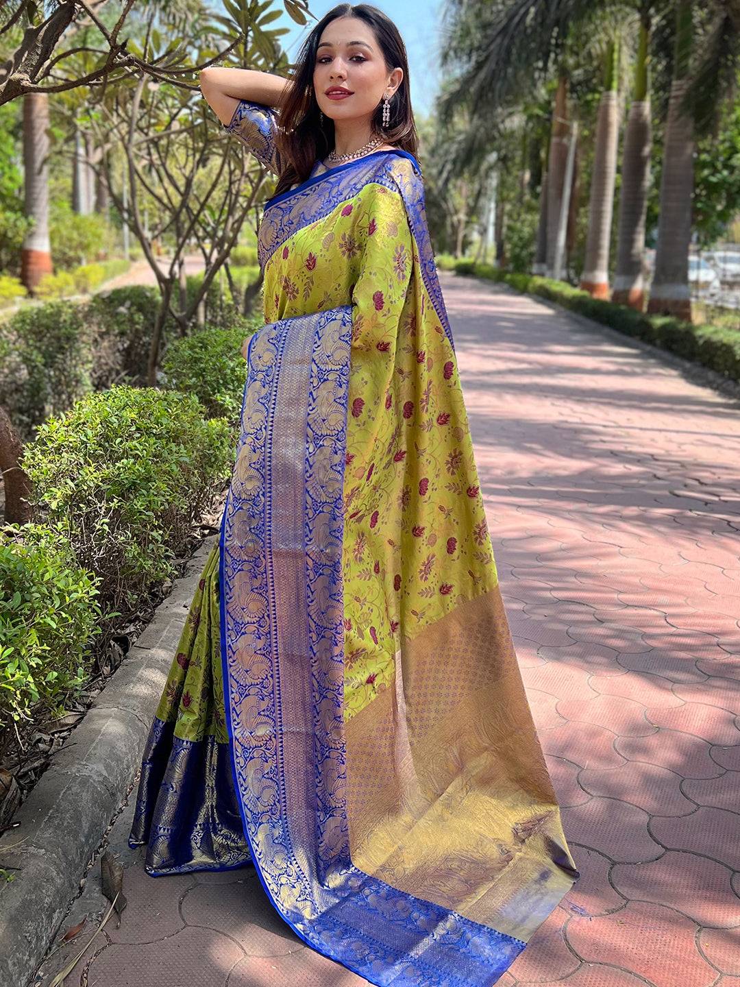 Traditional blue Banarasi saree featuring rich zari motifs