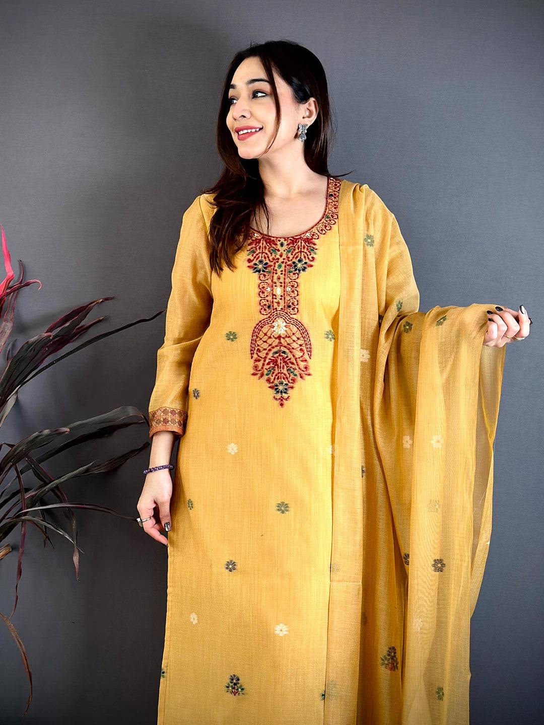 Mustard Grace Hand Embroidered Suit Set