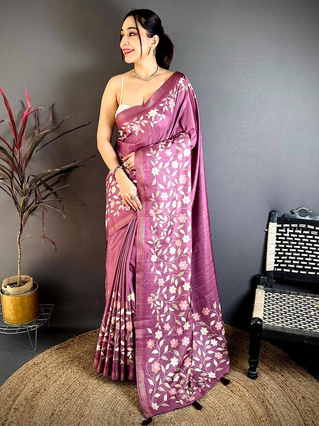 Mauve Tussar Ghicha Digital Print Saree