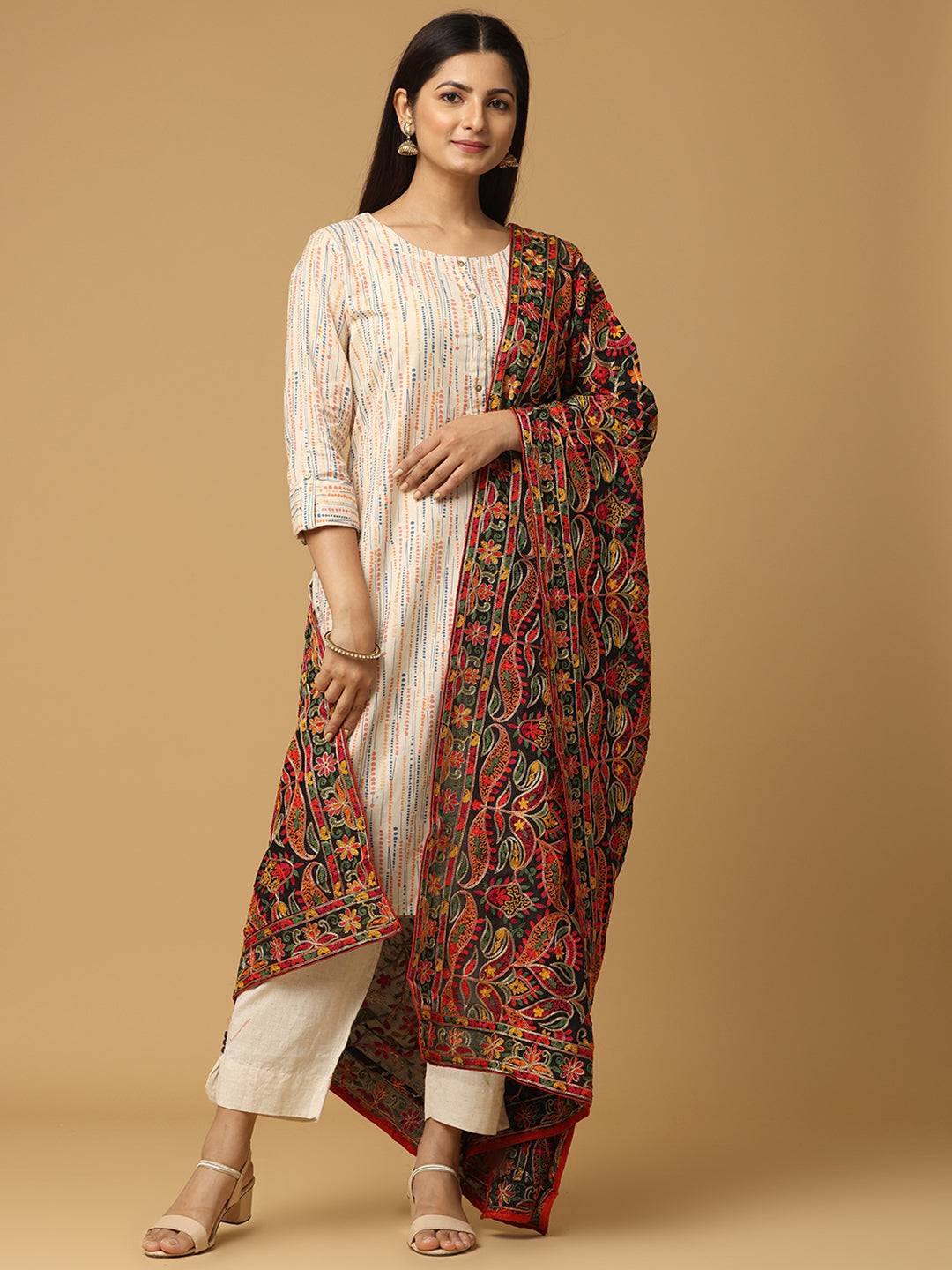Stylish poly chiffon pashmina dupatta draped over shoulder