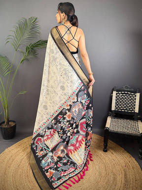 Black Dola Silk Pen Kalamkari Print Saree