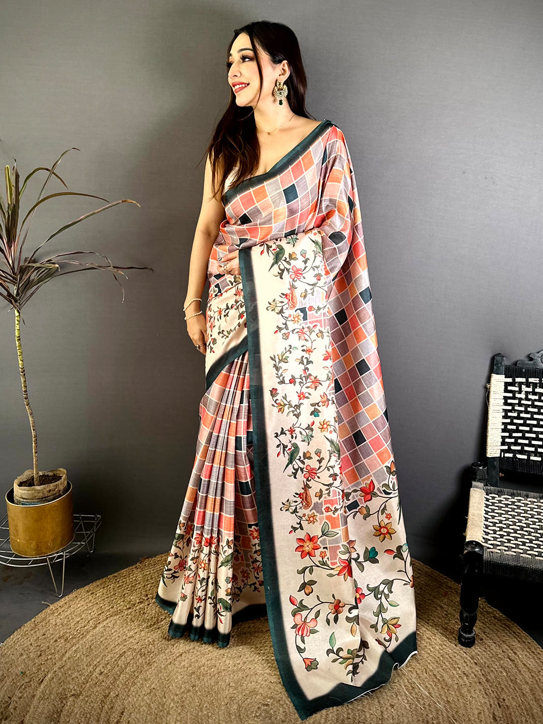 Elegant Tussar Floral Check Print Saree