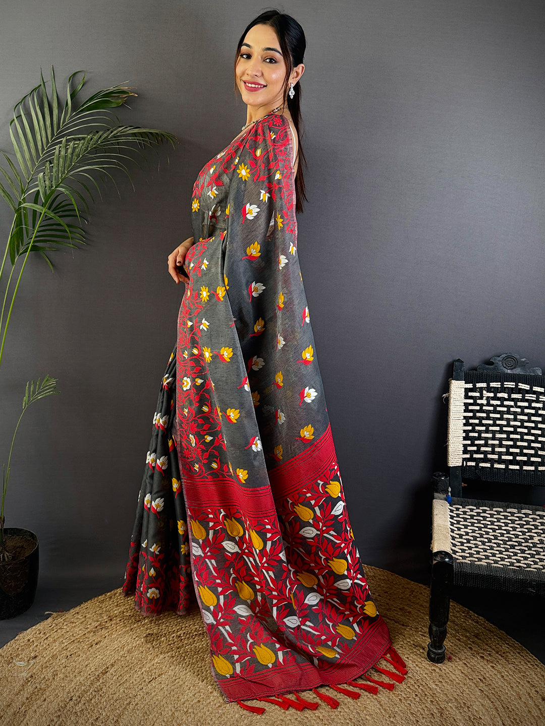 Royal Grey Dhakai Cotton Silk Saree