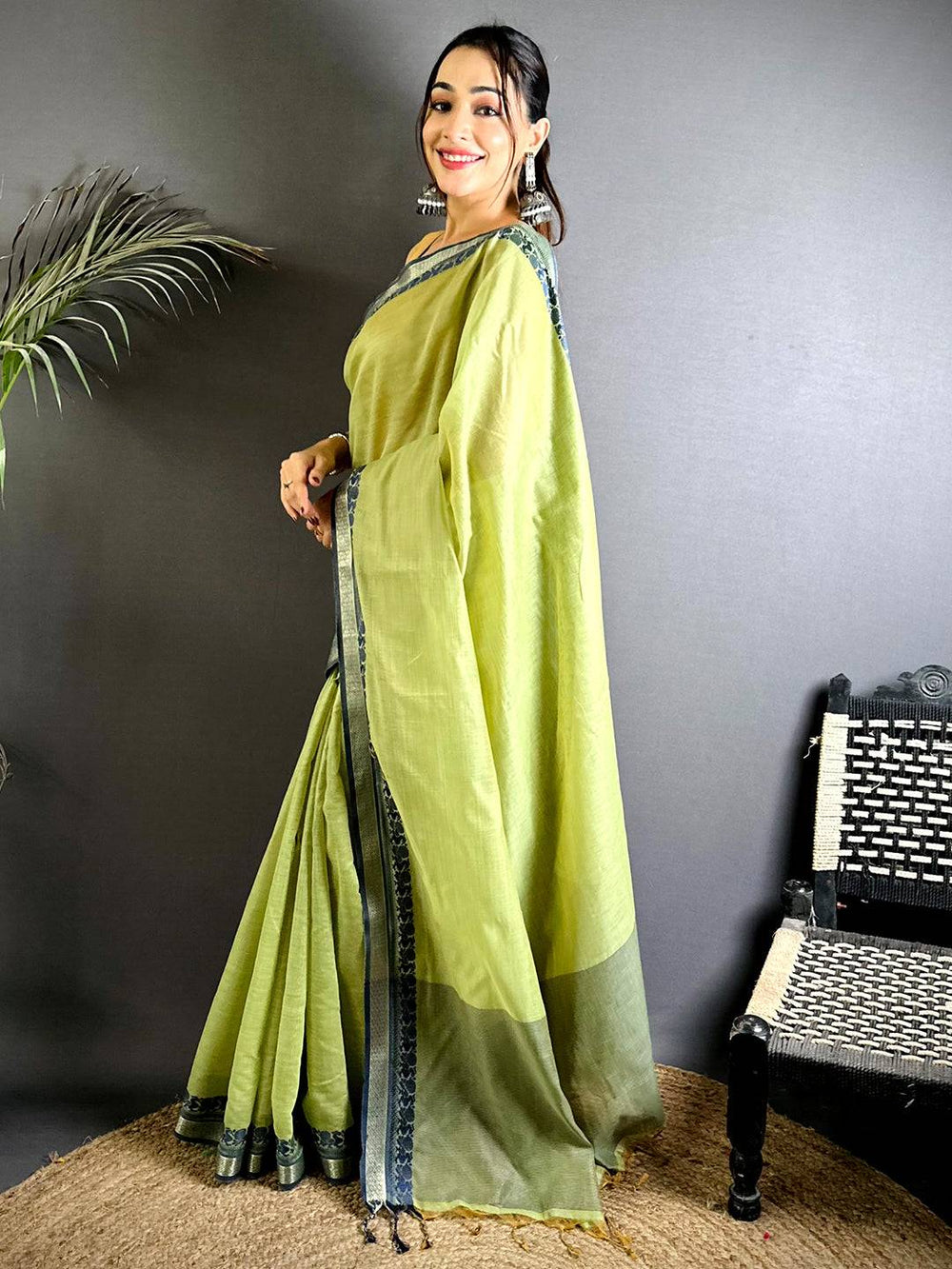 Pure Olive Cotton Linen Saree