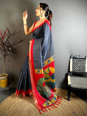 Navy Tussar Zari Chex Kalamkari Saree