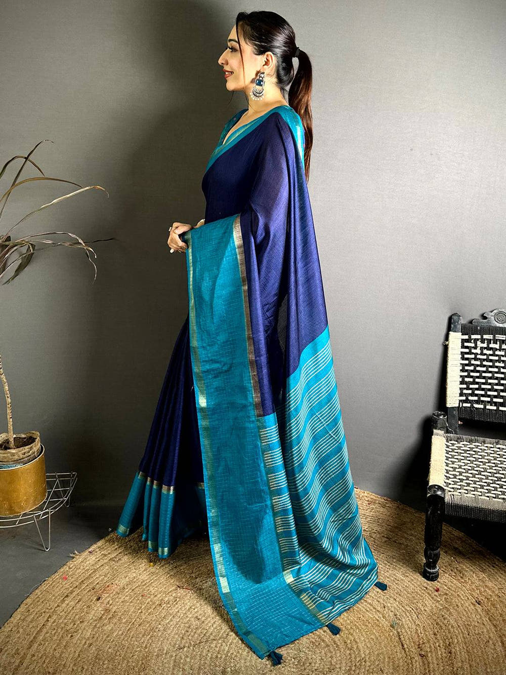 
Navy Soft Kota Crepe Contrast Border Saree