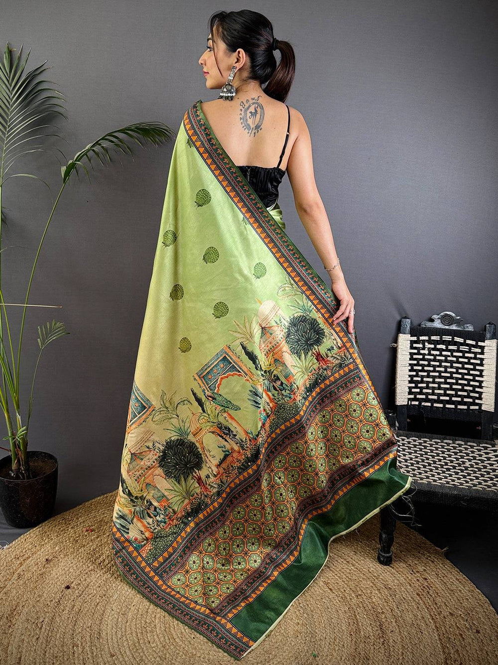 Olive Soft Dola Silk Printed Saree