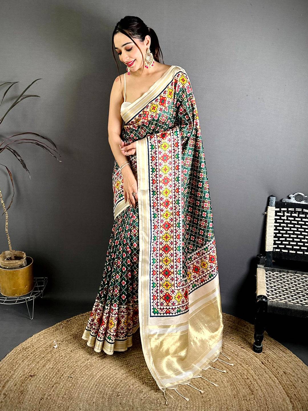 Green Ethnic Digital Ikkat Kanchi Saree