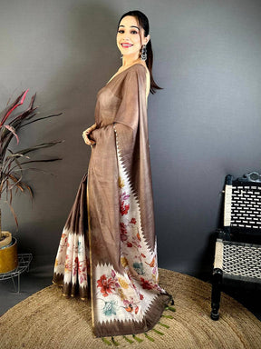 Brown Floral Ikat Linen Chanderi Saree
