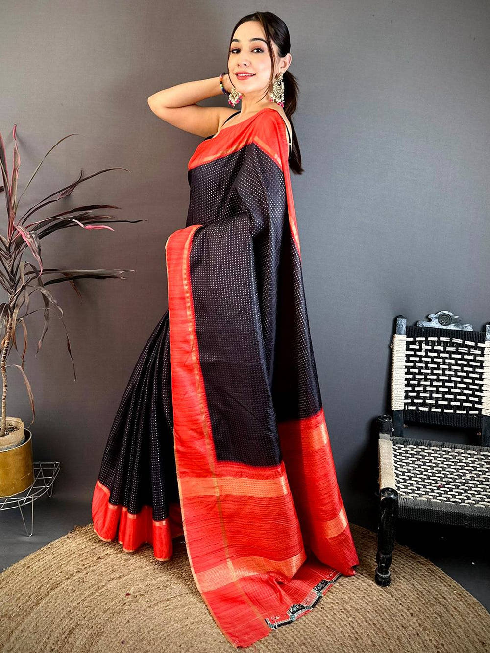 Black Tussar Gold Zari 1000 Butti Saree