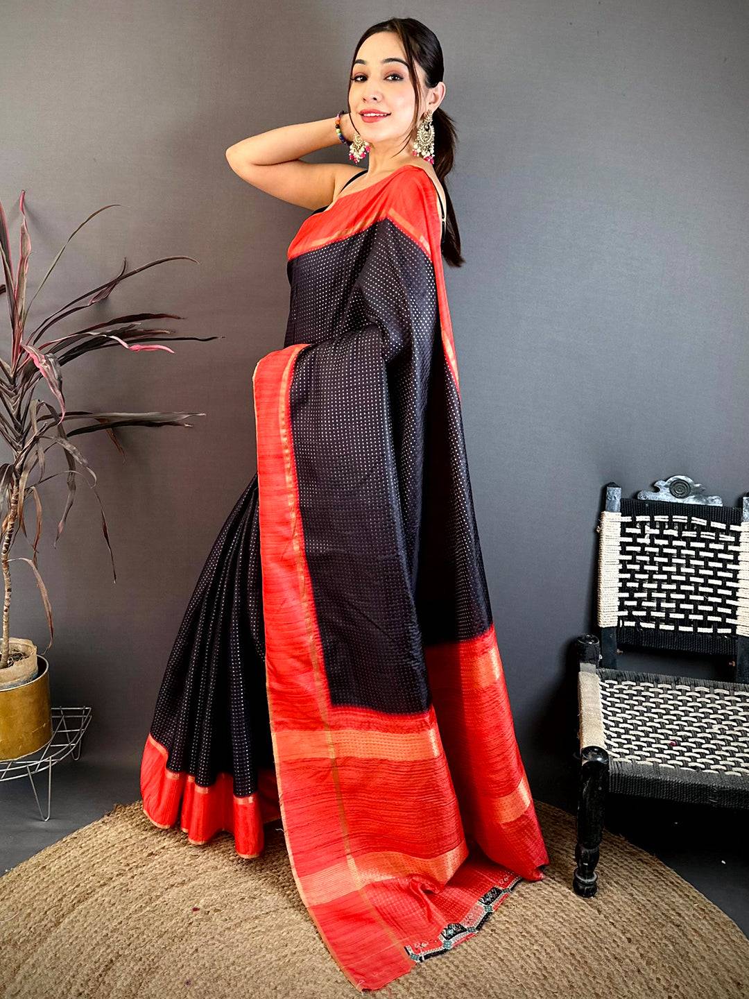 Black Tussar Gold Zari 1000 Butti Saree