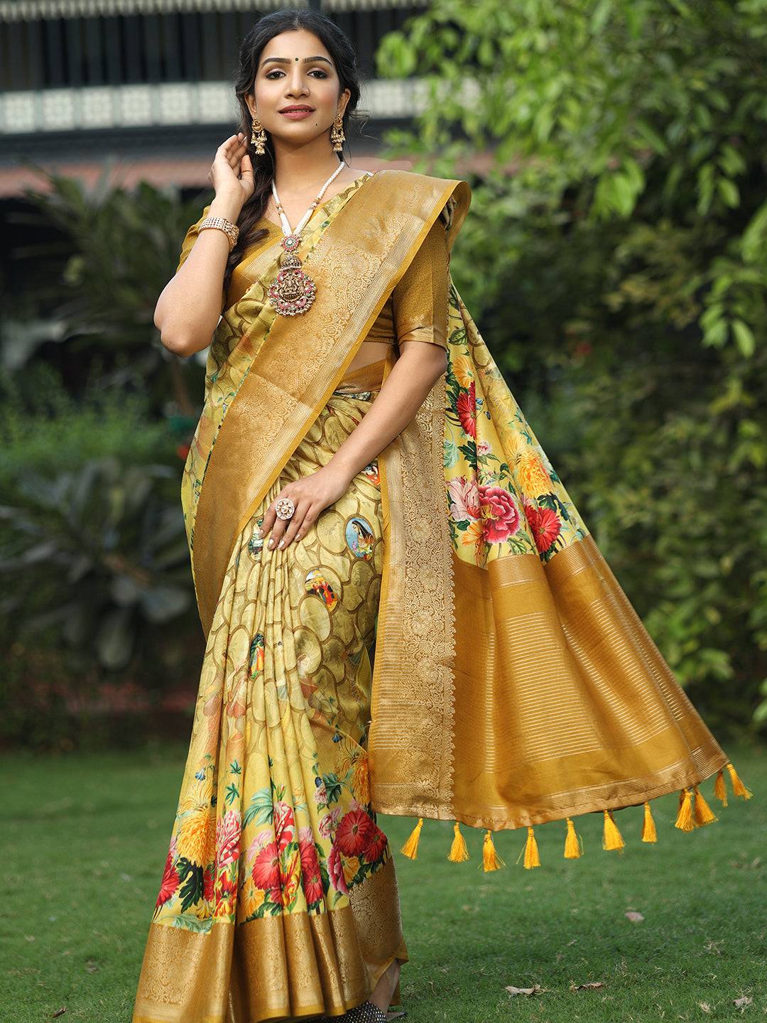 Yellow Pure Viscose Dola Silk Floral & Kalamkari Print Saree