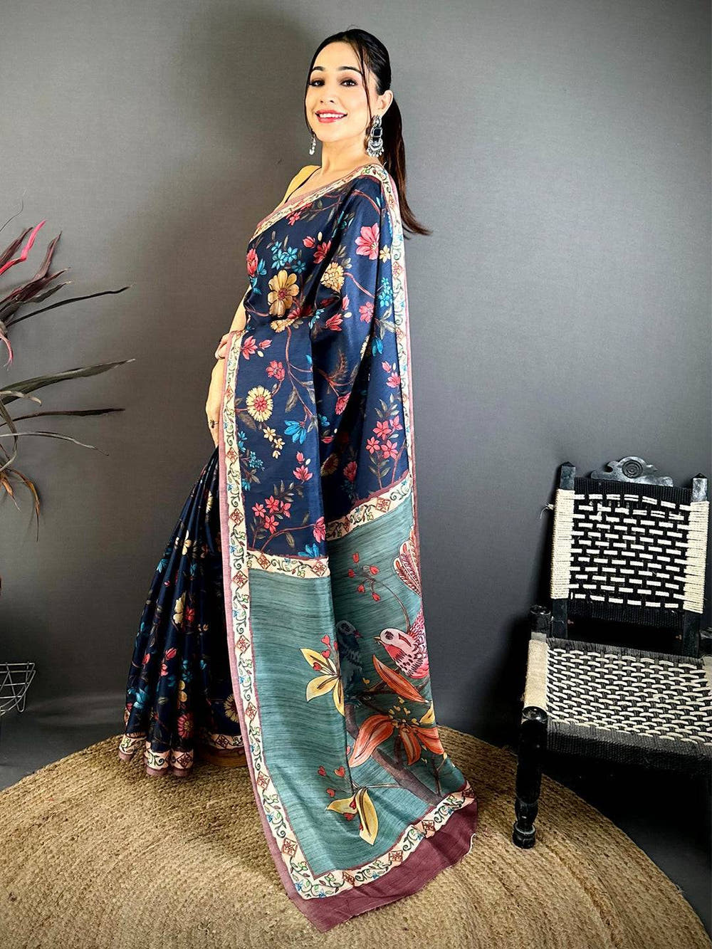 Navy Tussar Pen Kalamkari Print Saree