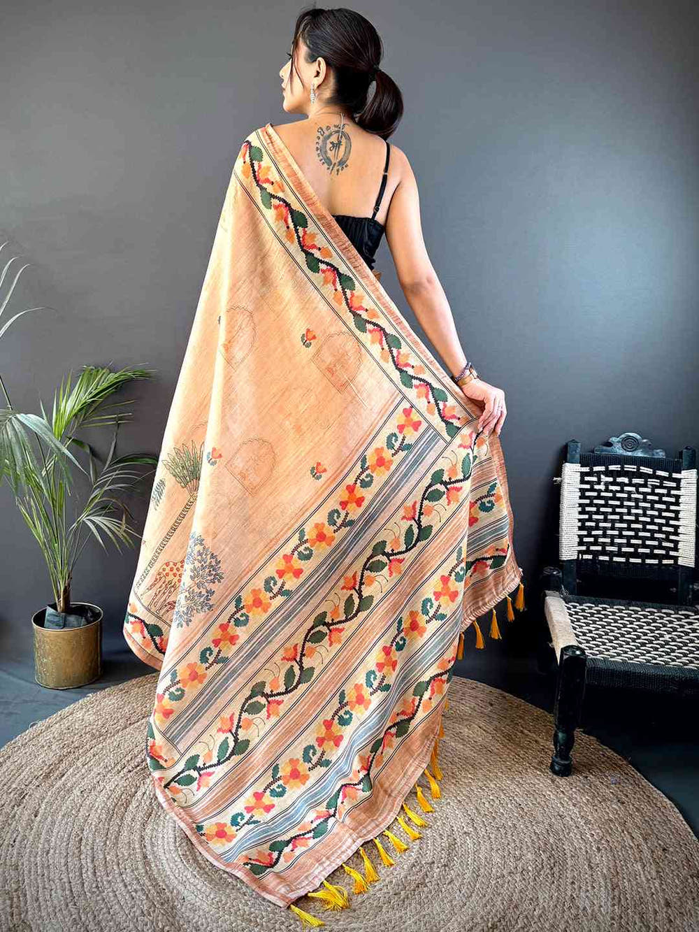 Beige Jungle Floral Zari Tissue Saree