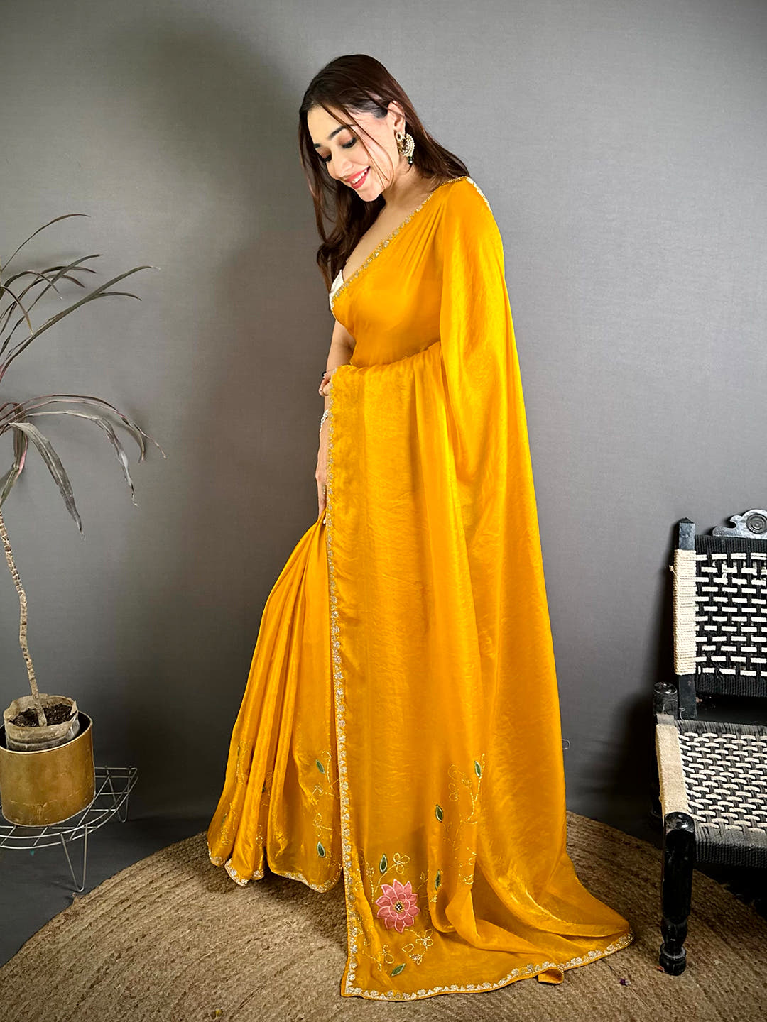 Yellow Embroidered Butta Satin Zari Saree
