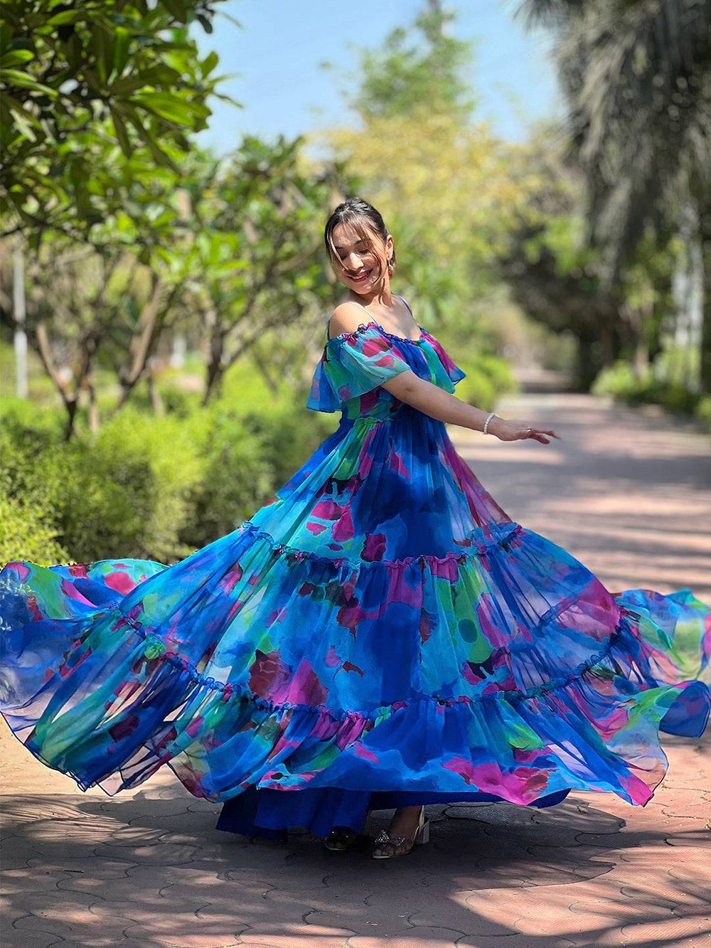 Flowing Persian Blue Abstract Print Dress in motion