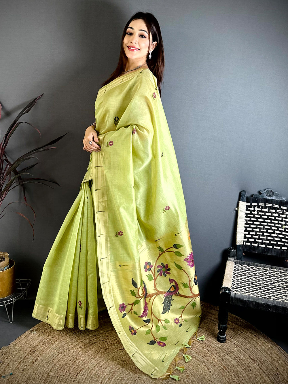 Pista Sunflower Minakari Khadi Saree
