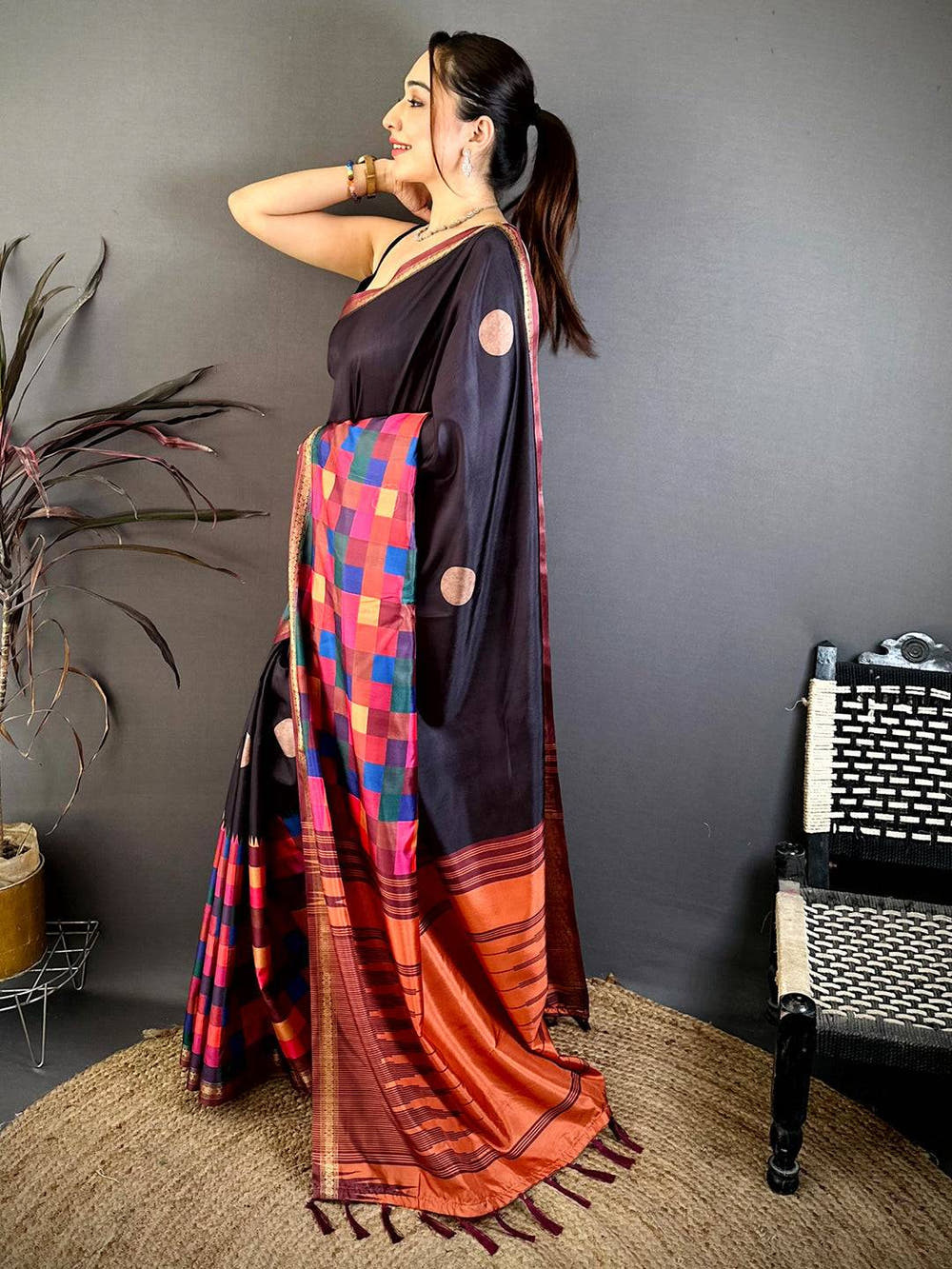 Classic Multi Colour Box Panel Soft Silk Saree
