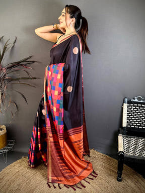 Classic Multi Colour Box Panel Soft Silk Saree
