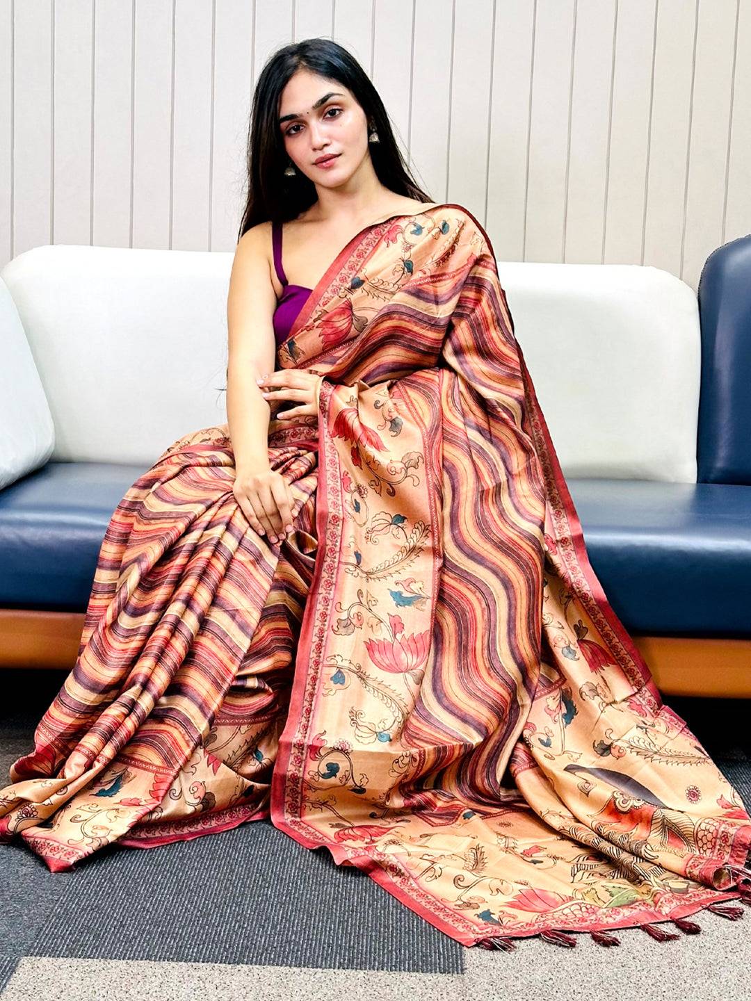Maroon Tussar Silk Saree with Kalamakri Flower and Leheriya Print