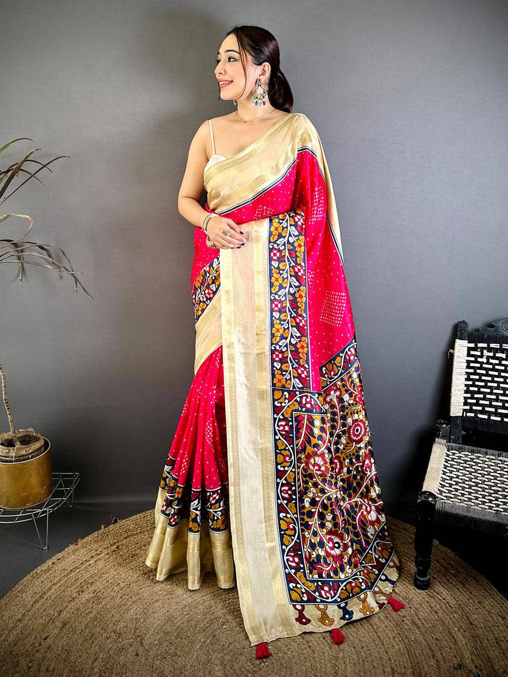 Radiant Bandhej Print Dola Silk Saree