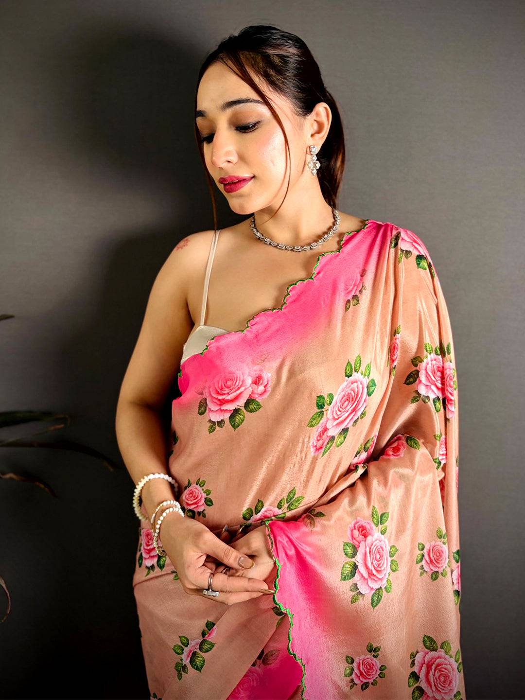 Peach Chinnon Embroidered Border Saree