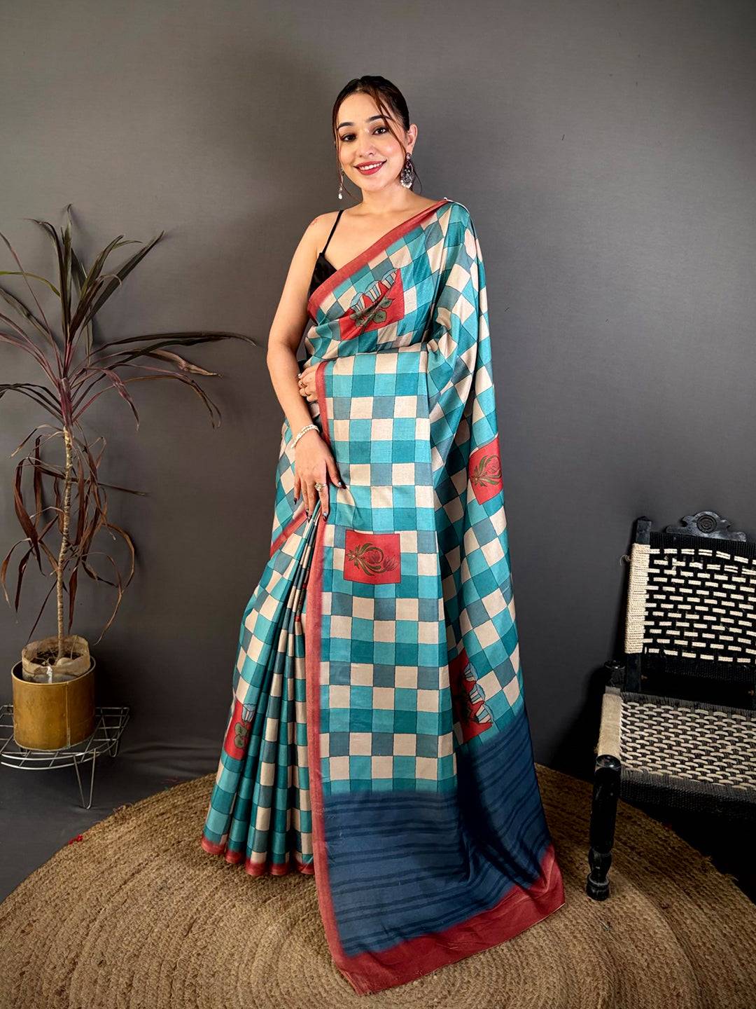 Multicolour Block Print Soft Tussar Saree
