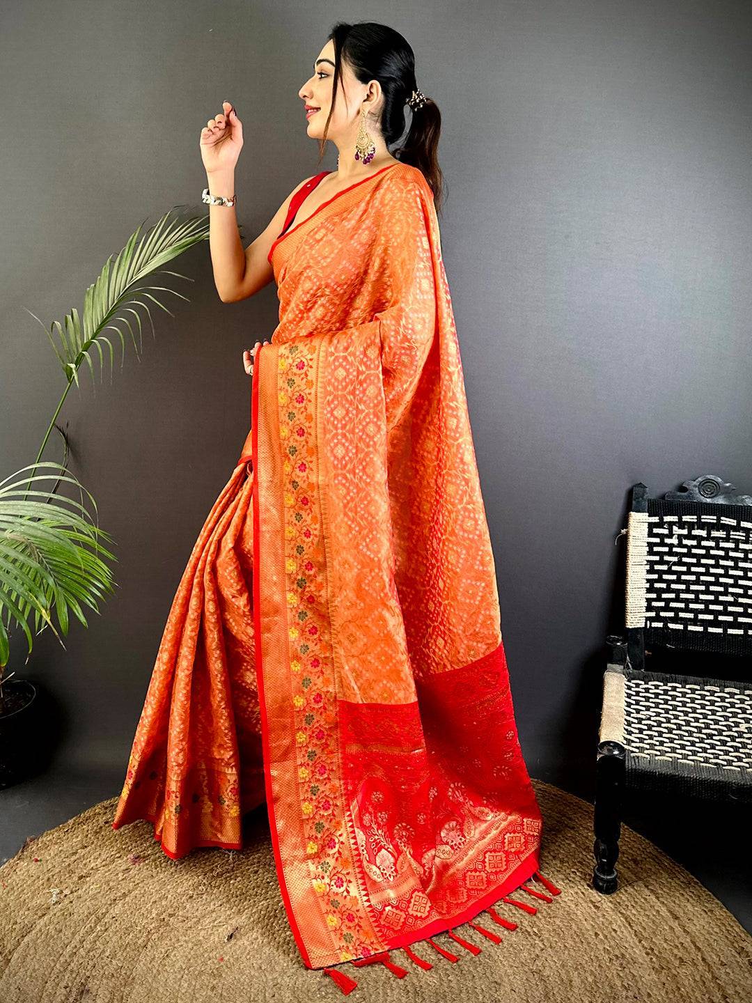 Peach Banarasi Minakari Katan Silk Saree

