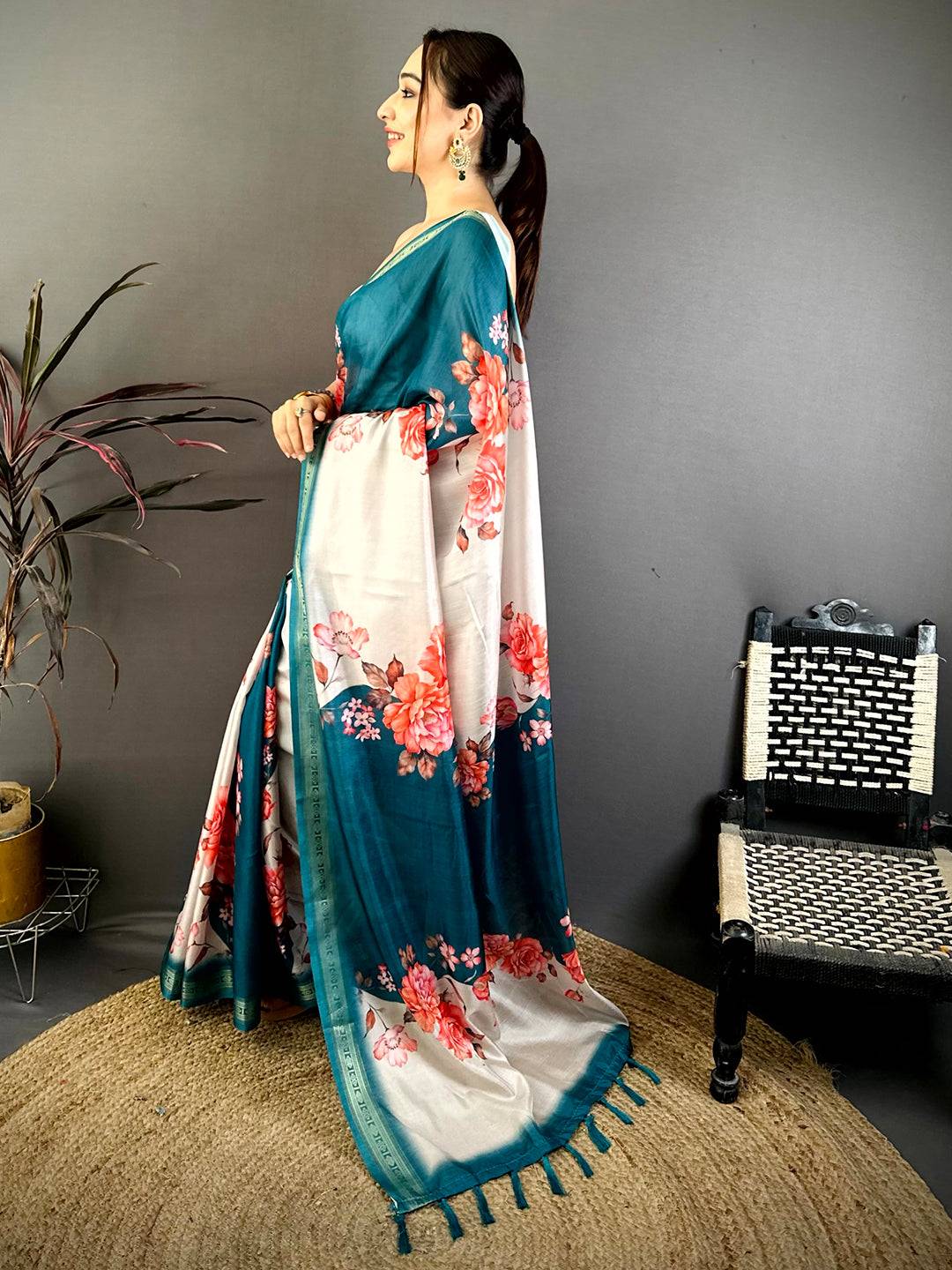 Rama Soft Silk Floral Lehriya Print Saree