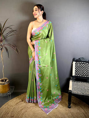 Elegant Floral Printed Green Chiffon Saree