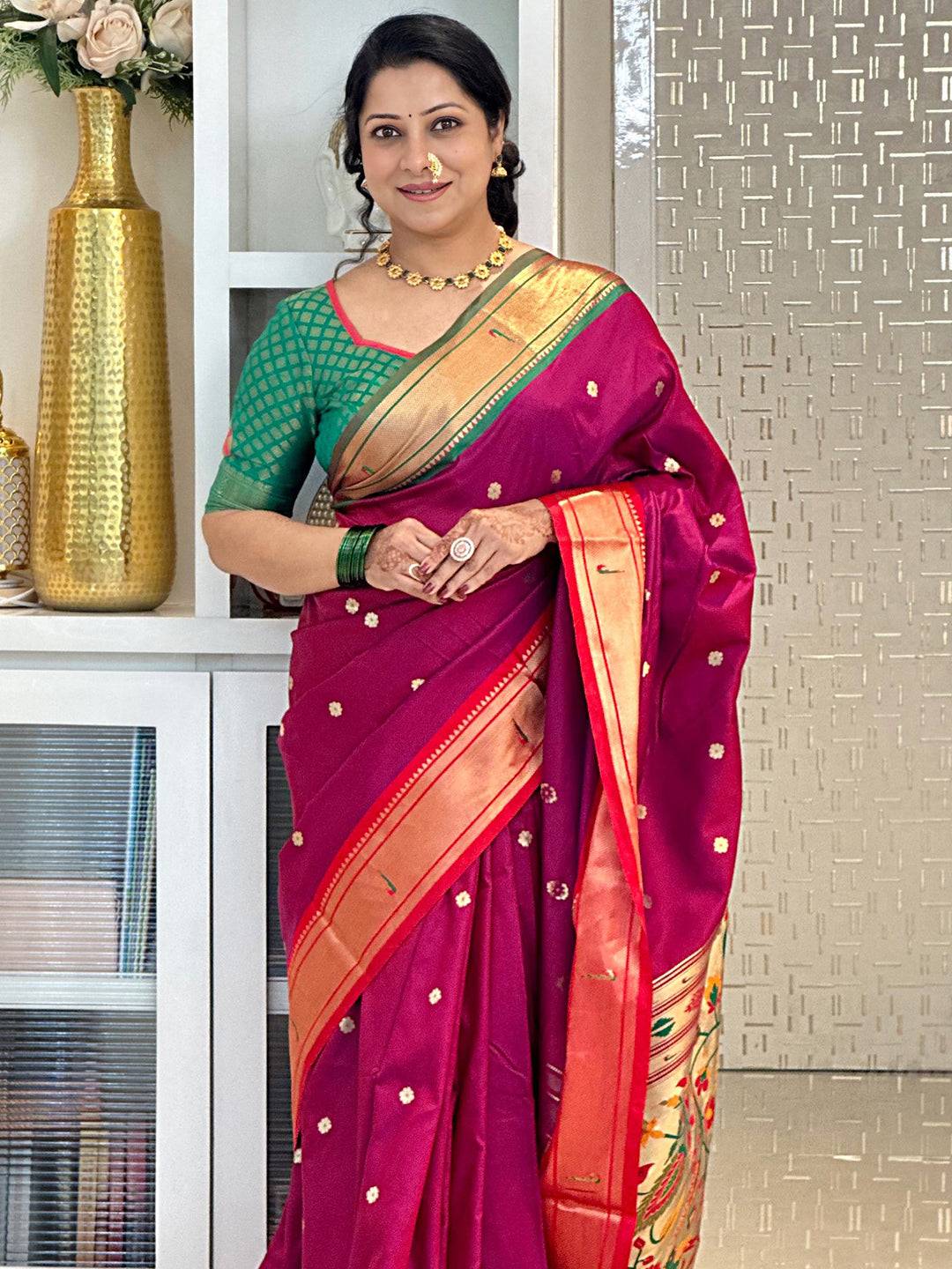 Elegant silk Paithani saree with Ganga Jamuna border, full view