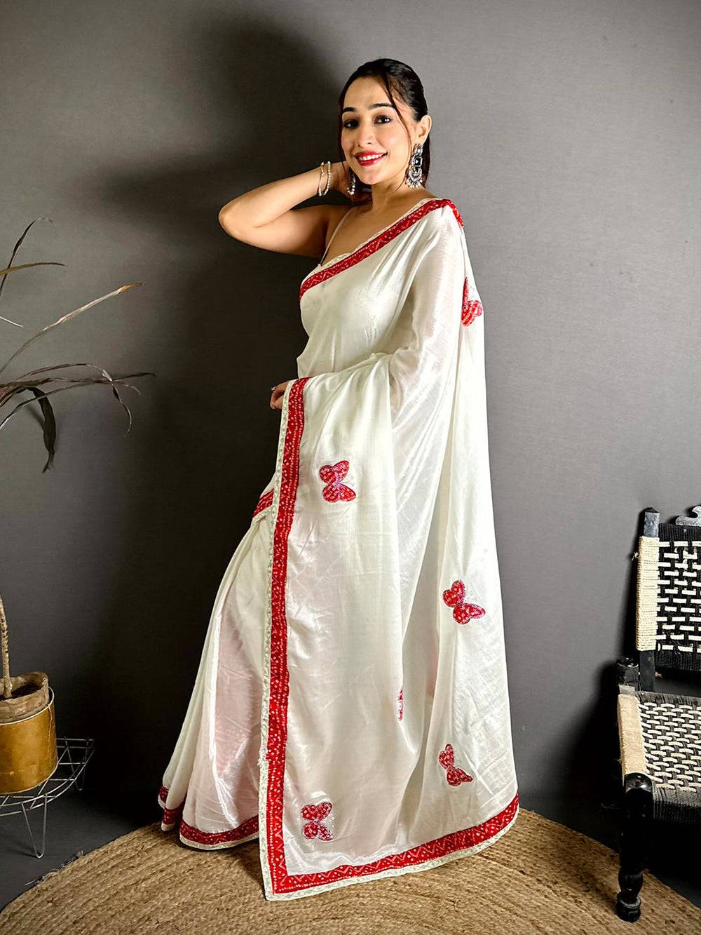 Red Soft Chinnon Butterfly Butta Saree