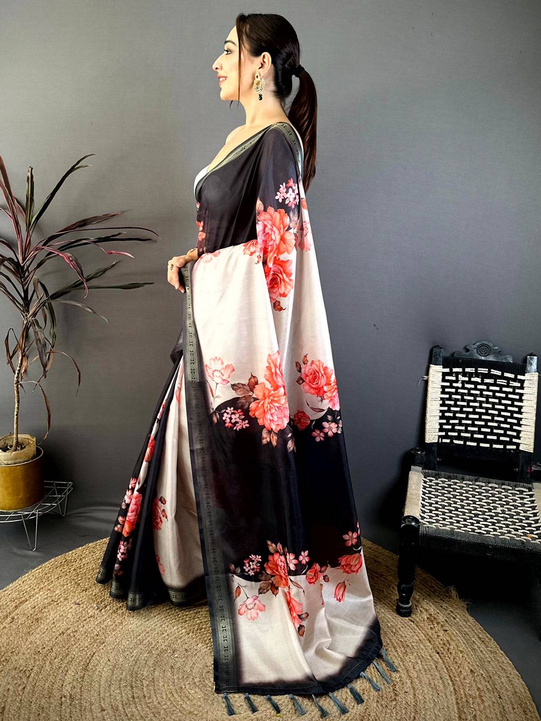 Black Soft Silk Floral Lehriya Print Saree