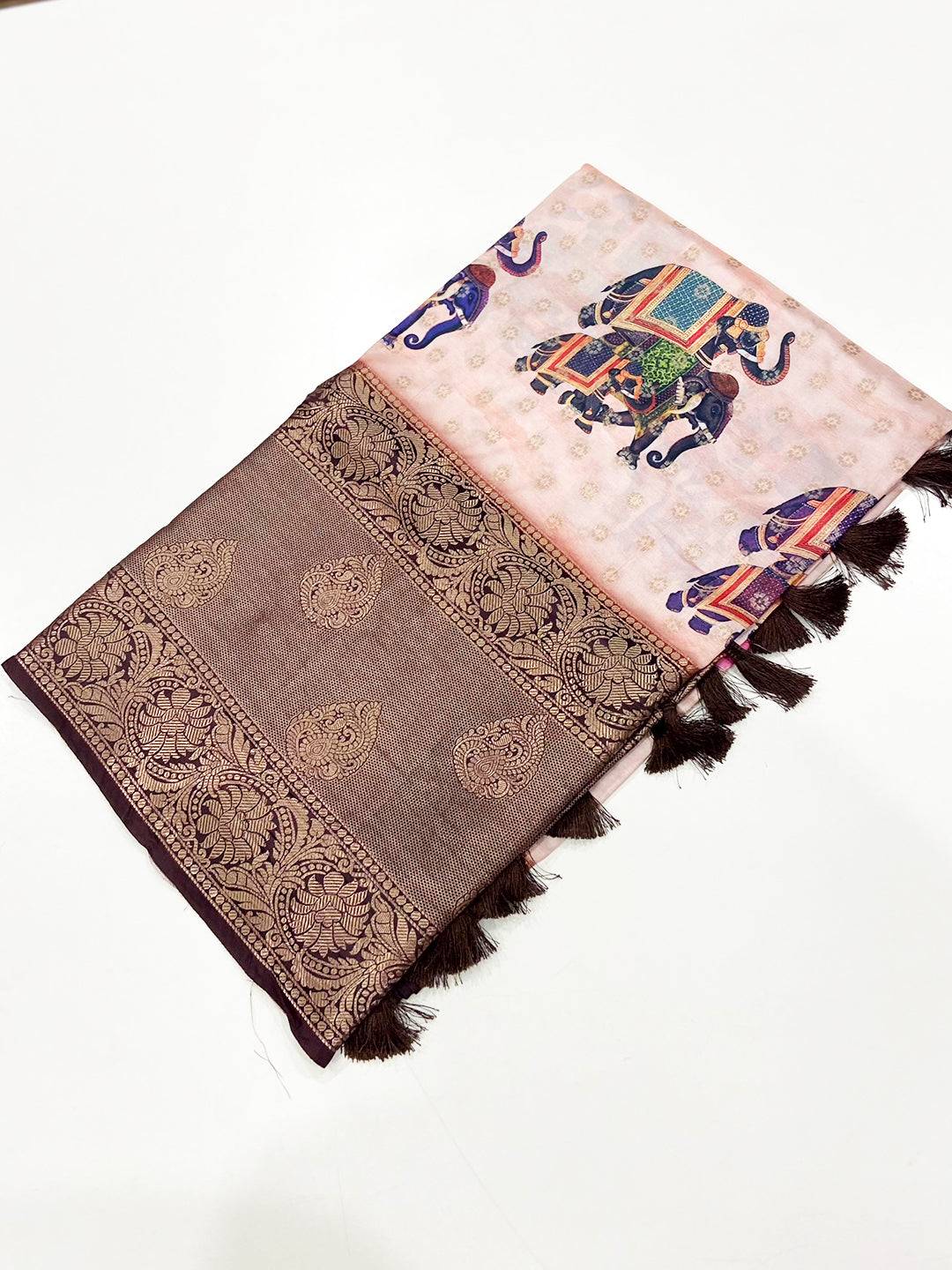 Peach Digital Elephant Motifs Banarasi Saree