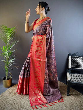 Charry Satin Silk Kalamkari Saree