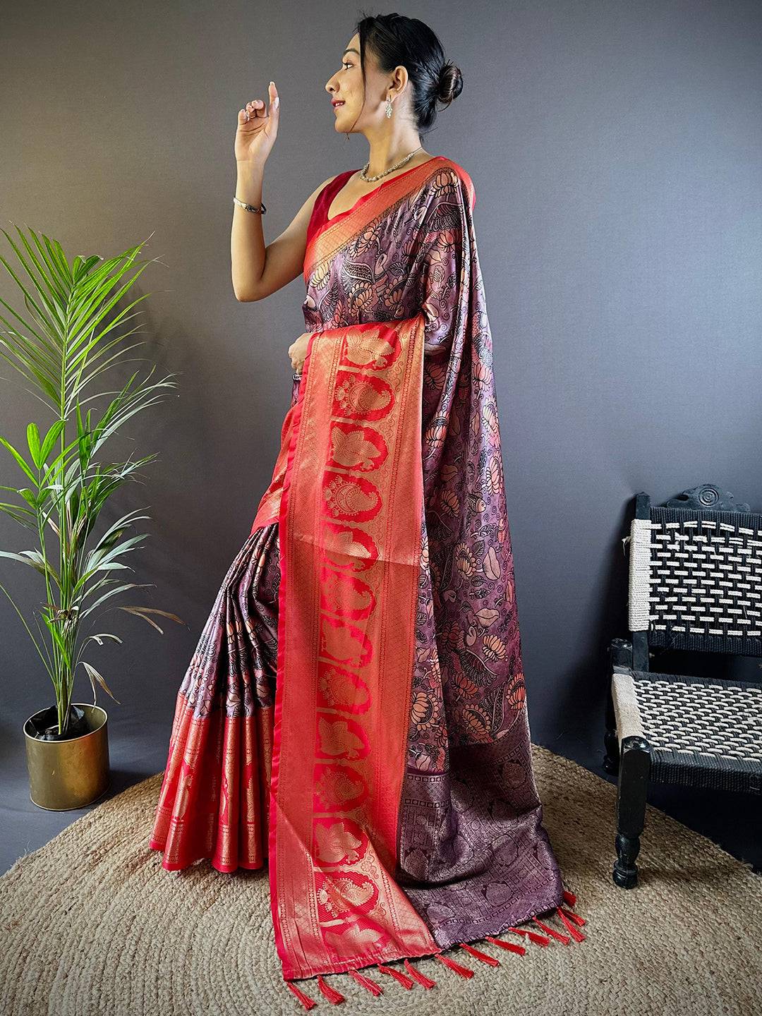 Charry Satin Silk Kalamkari Saree