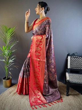 Charry Satin Silk Kalamkari Saree