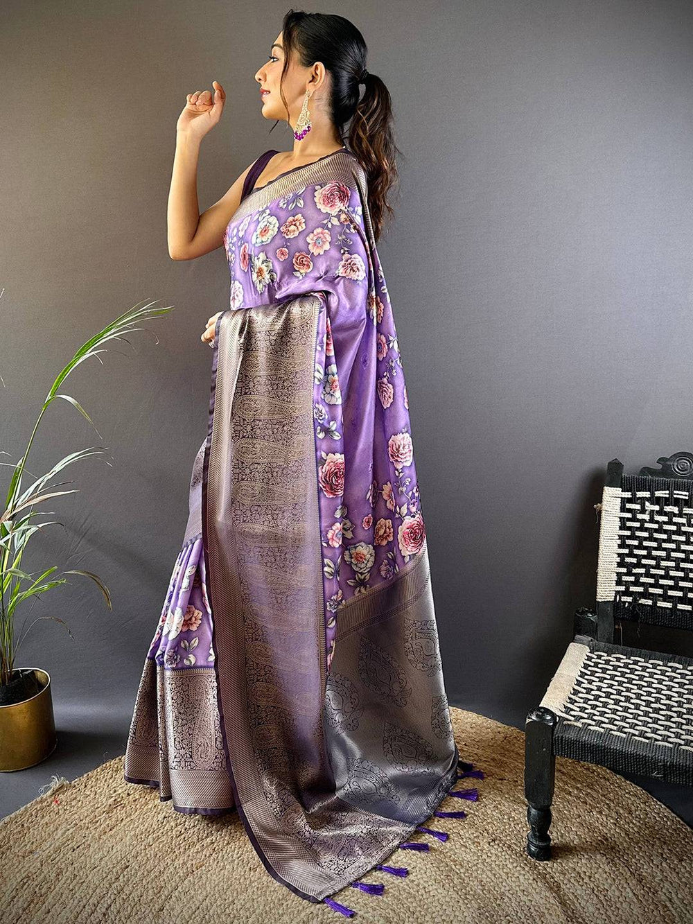 Iris Purple Satin Silk Floral Print Saree