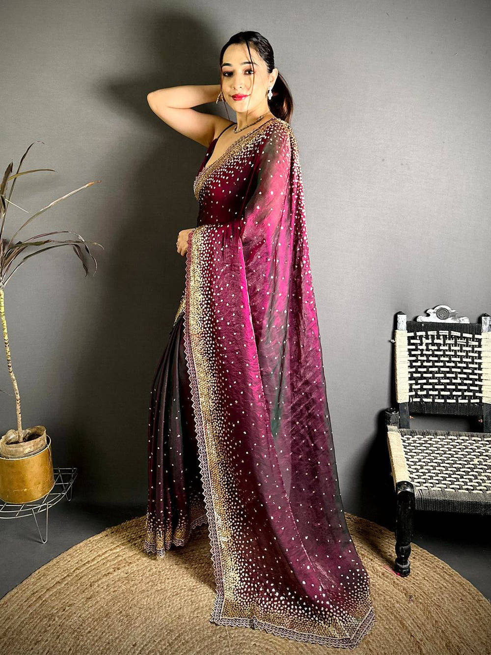 Classic Golden Sequinne Work Silk Tissue Saree
