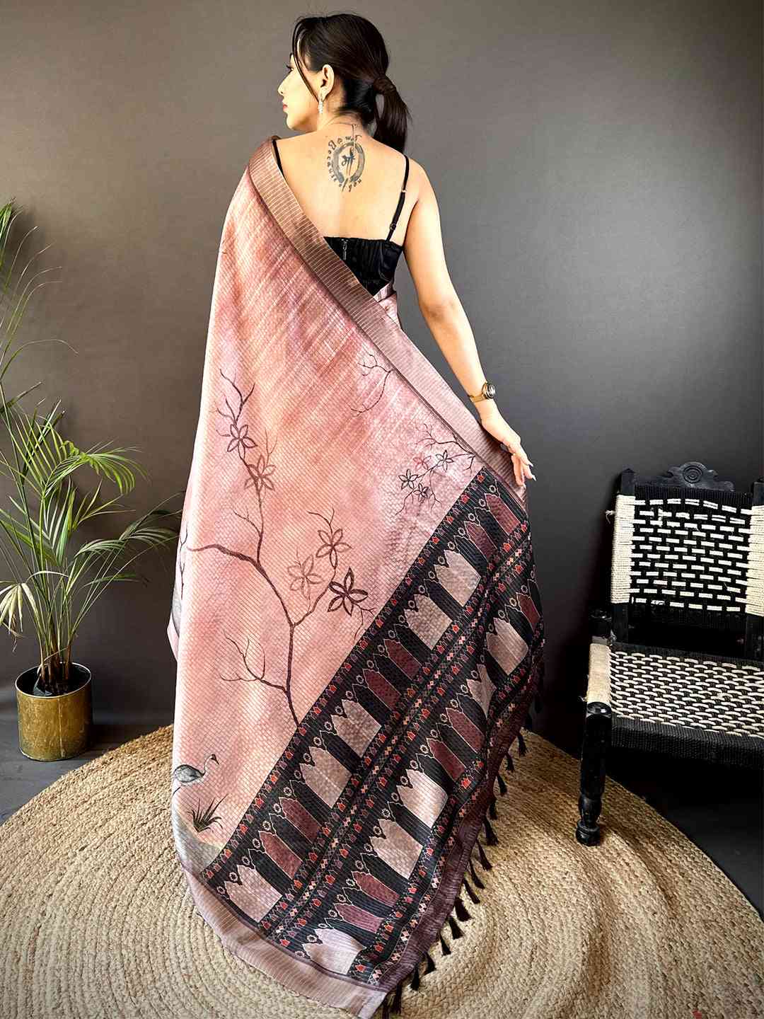 Blush Pink Tissue Chanderi Japanese Print Saree