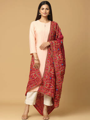 Front view of wine poly chiffon pashmina dupatta with embroidery