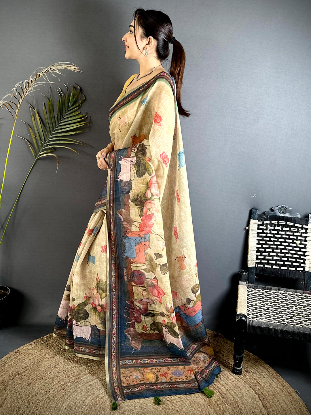 Beige Pichwai Kalamkari Linen Saree