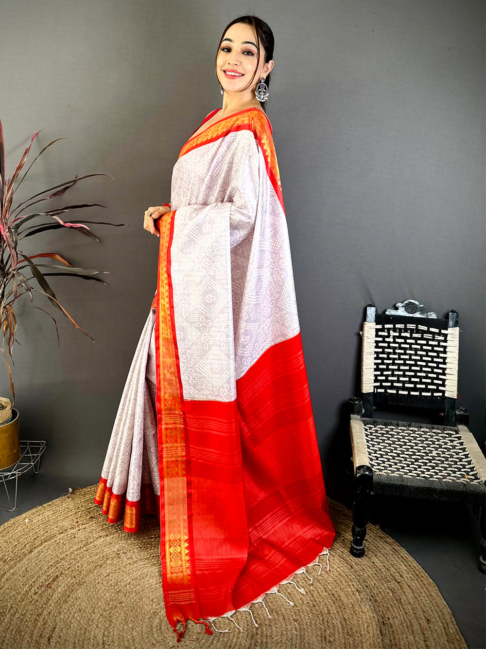 Grey Colour Soft Silk Bandhej Print Saree