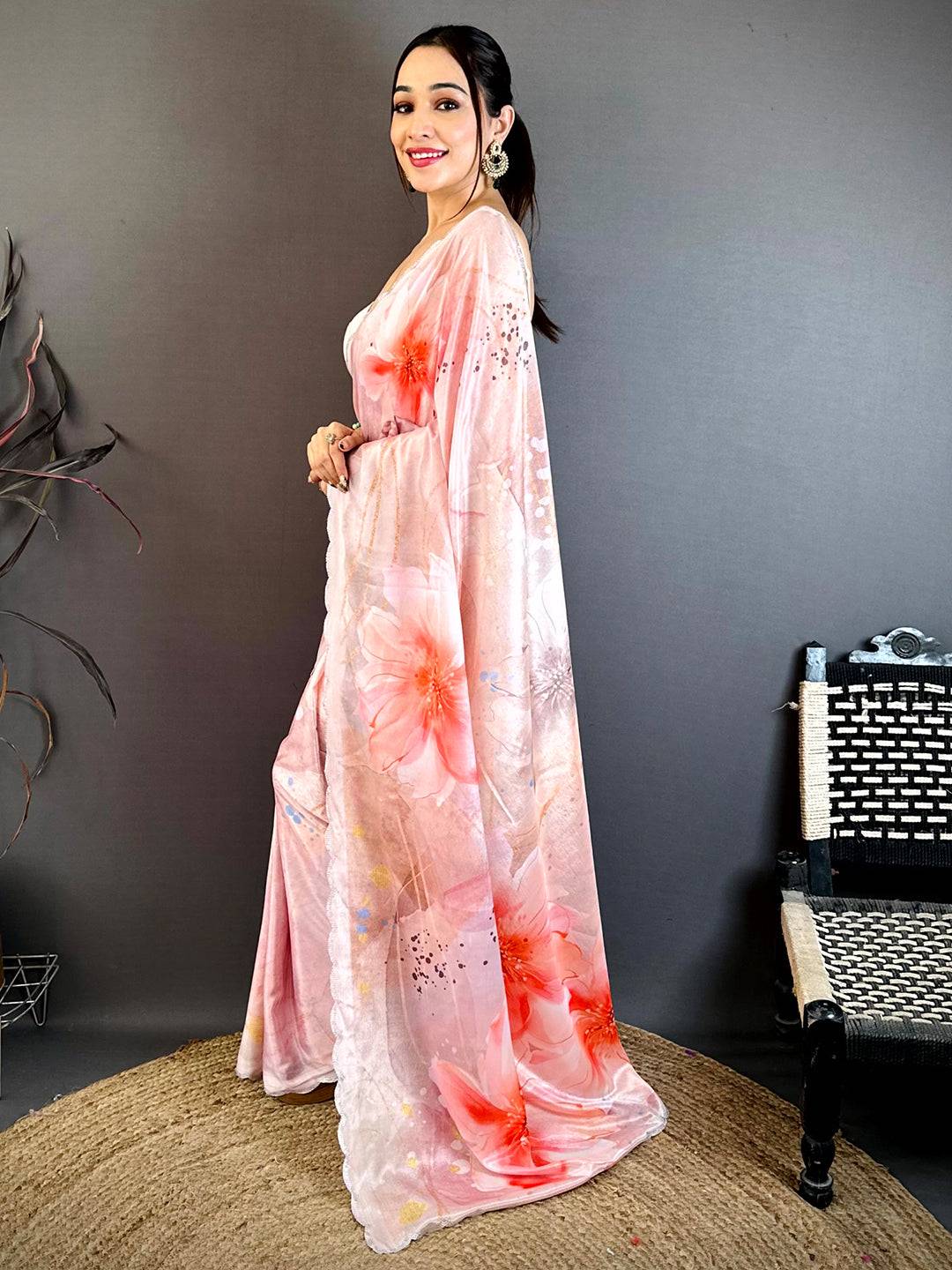 Elegant Peach Floral Soft Chiffon Saree
