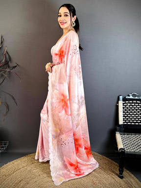 Elegant Peach Floral Soft Chiffon Saree
