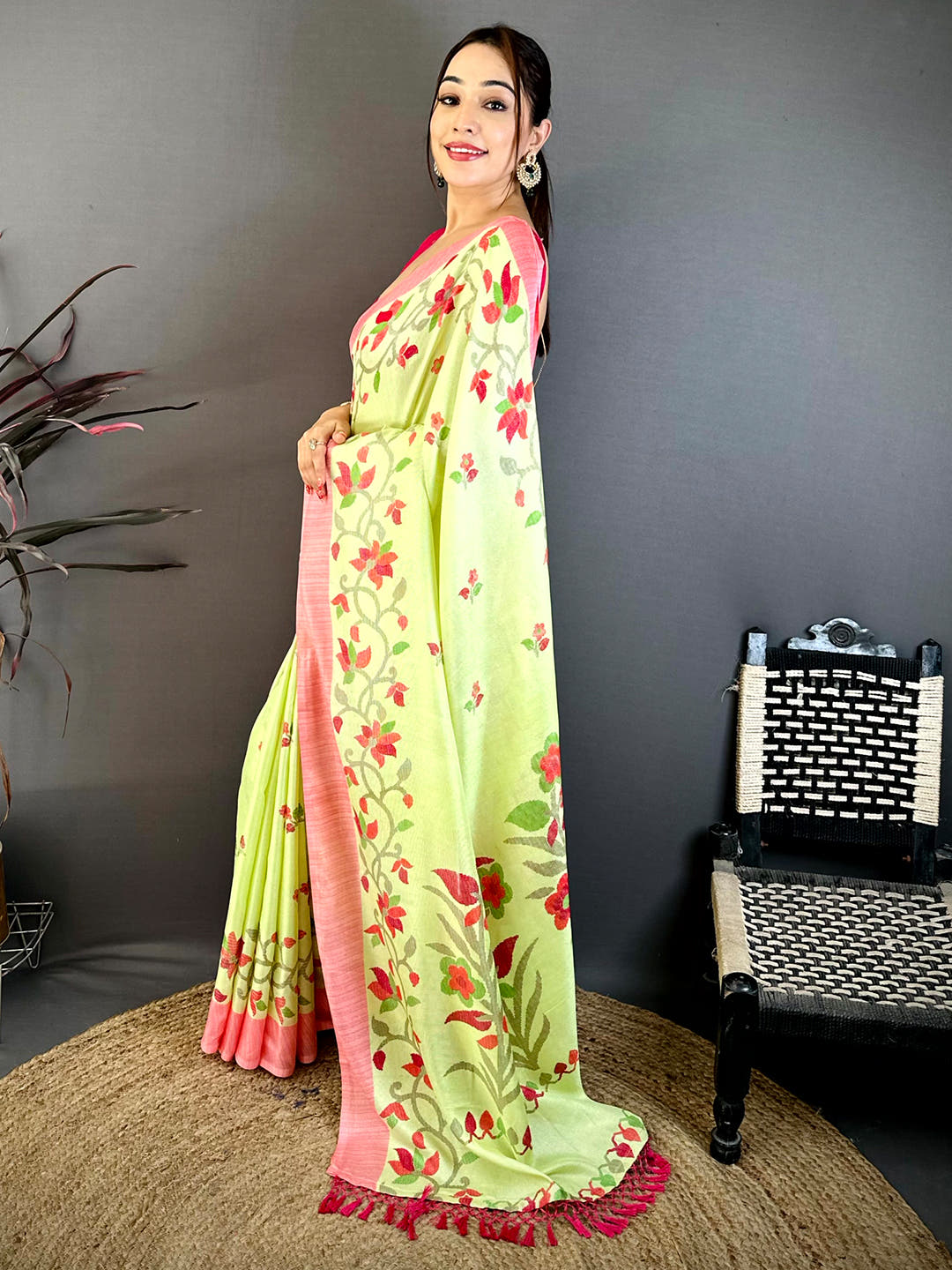 Jamdani Light Green Colour Floral Print Solid Saree